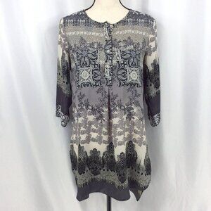 Fig and Flower Tunic Top Dress Women Small Black Gray Henley Pockets 3/4 Sleeve